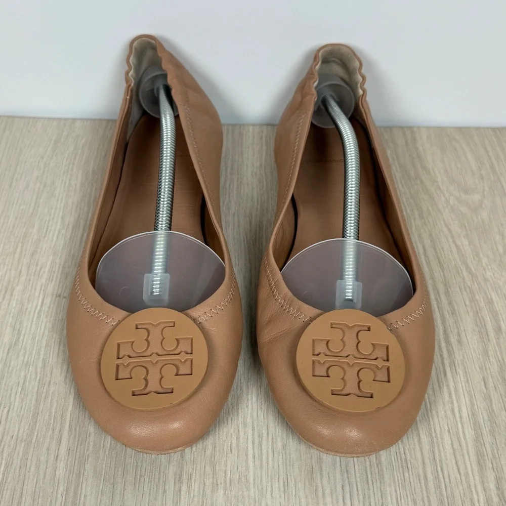 Ballet Flats Tory Burch Womens 9M Tan Minnie Travel Leather Medallion Scrunch